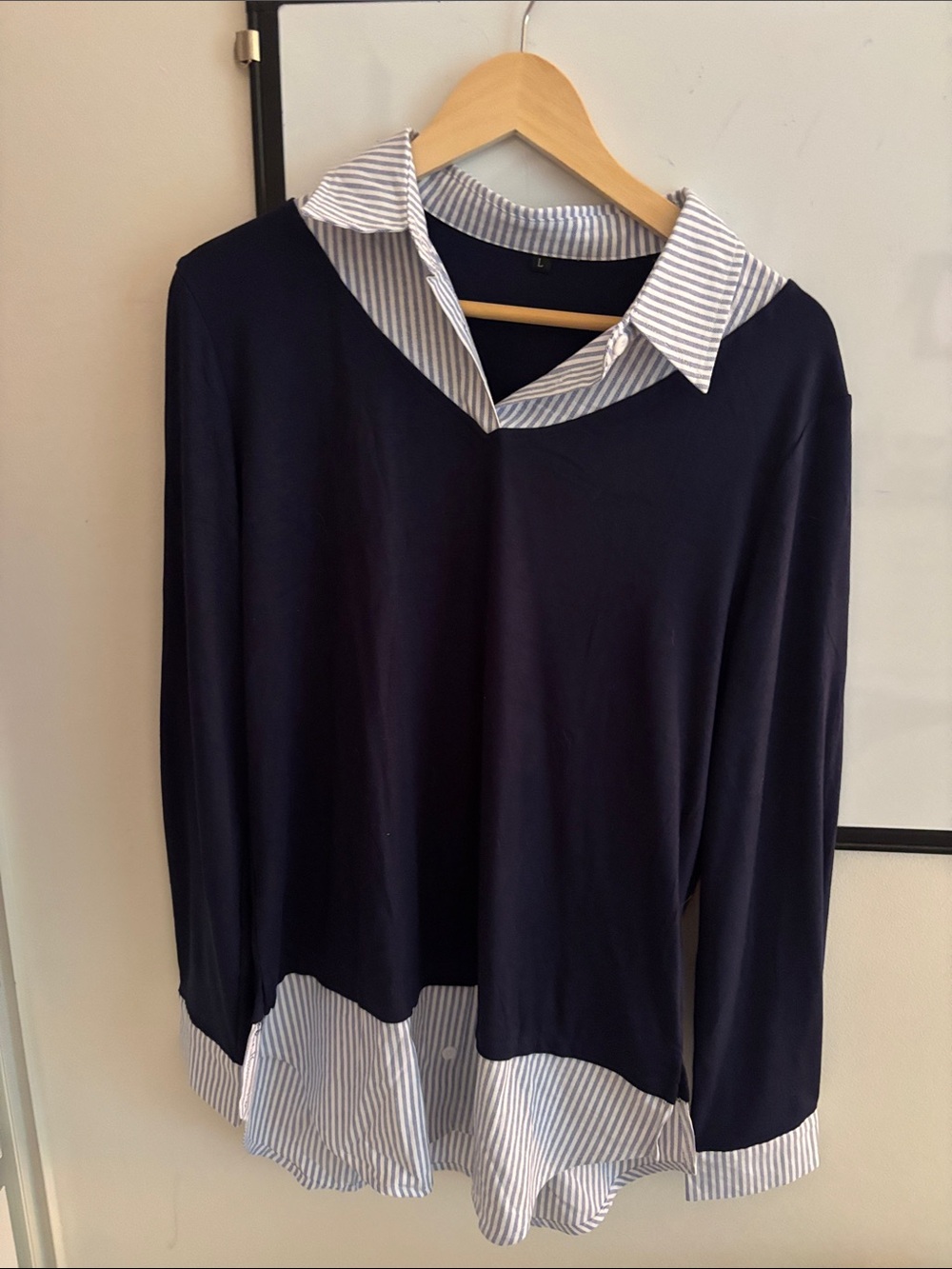 Navy Layered Look Long-Sleeve Top with Striped Collar - Unbranded